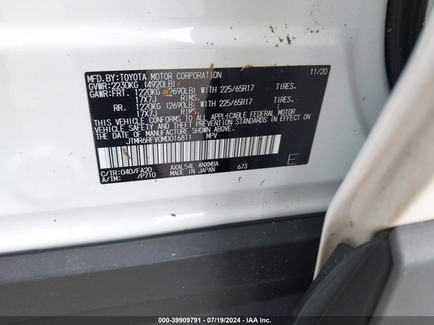 VIN JTMR6RFV0MD016811 2021 TOYOTA RAV4 HYBRID XLE