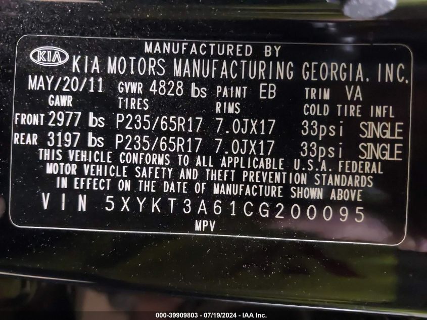 2012 Kia Sorento Lx VIN: 5XYKT3A61CG200095 Lot: 39909803