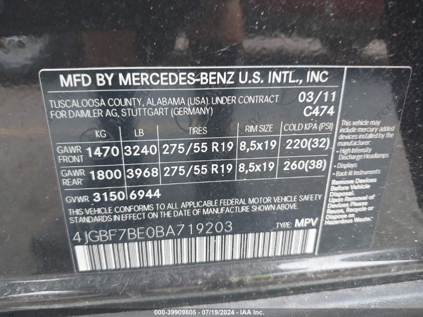 2011 Mercedes-Benz Gl 450 4Matic VIN: 4JGBF7BE0BA719203 Lot: 39909805