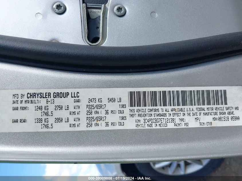 2014 Dodge Journey Sxt VIN: 3C4PDCBG7ET121391 Lot: 39909808