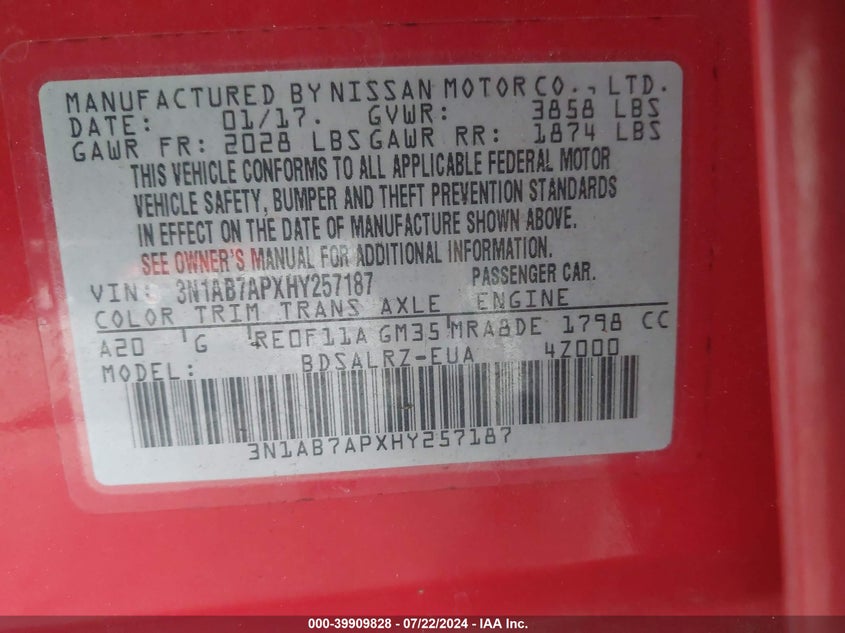 2017 Nissan Sentra Sr VIN: 3N1AB7APXHY257187 Lot: 39909828