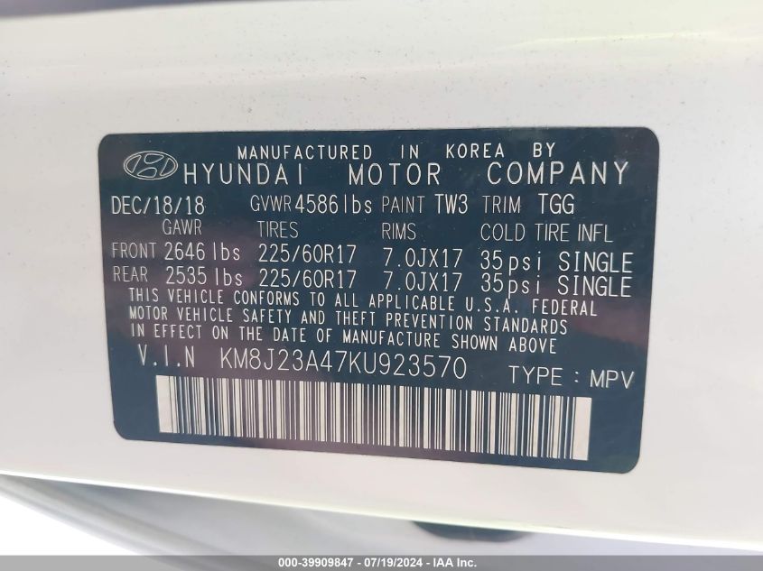 2019 Hyundai Tucson Se VIN: KM8J23A47KU923570 Lot: 39909847