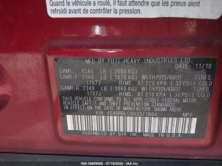 2011 Subaru Outback 2.5I Limited VIN: 4S4BRBLC0B3371804 Lot: 39909855