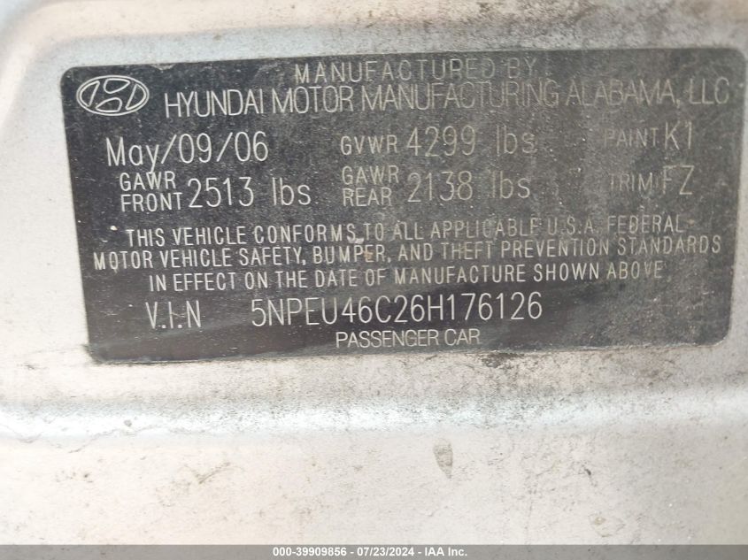 5NPEU46C26H176126 2006 Hyundai Sonata Gls