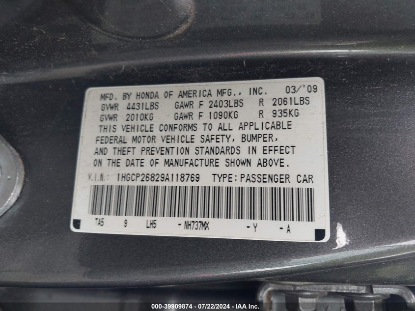 2009 Honda Accord 2.4 Ex-L VIN: 1HGCP26829A118769 Lot: 39909874