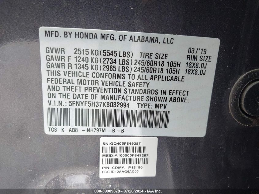 2019 Honda Pilot Ex VIN: 5FNYF5H37KB032994 Lot: 39909879