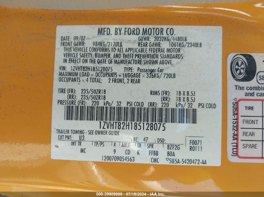 2008 Ford Mustang Gt Deluxe/Gt Premium VIN: 1ZVHT82H185128075 Lot: 39909888