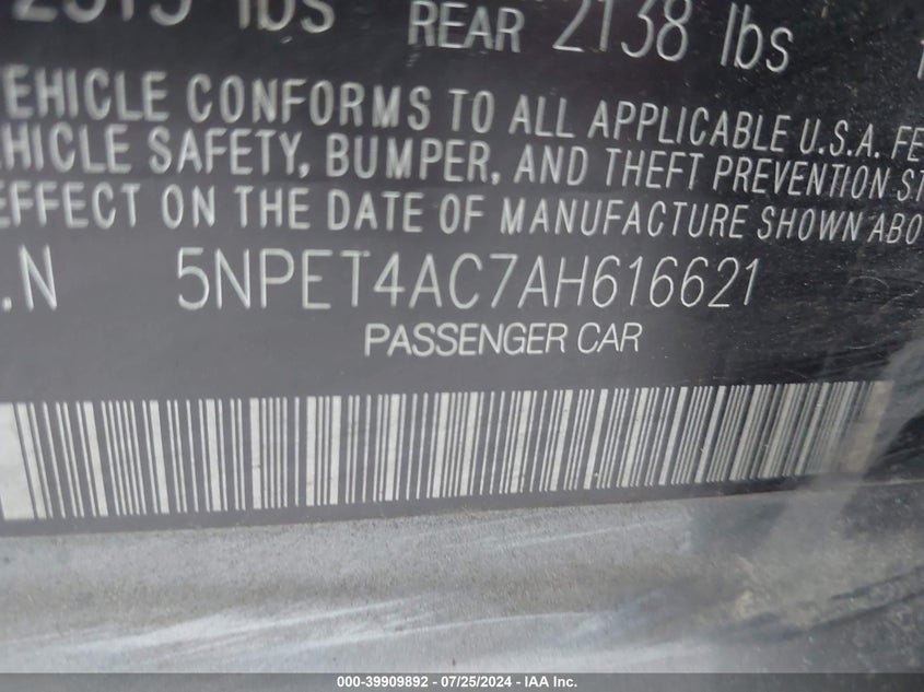 2010 Hyundai Sonata Gls VIN: 5NPET4AC7AH616621 Lot: 39909892