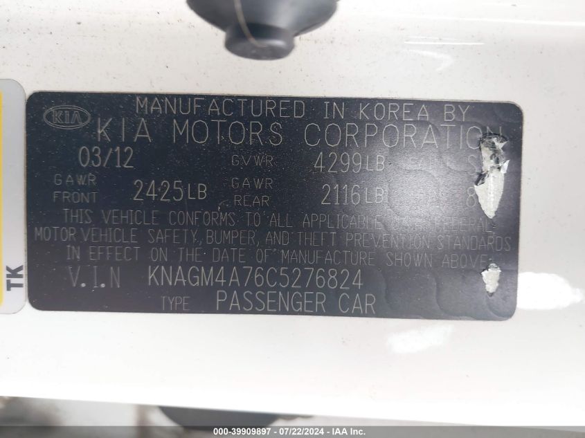 2012 Kia Optima Lx VIN: KNAGM4A76C5276824 Lot: 39909897