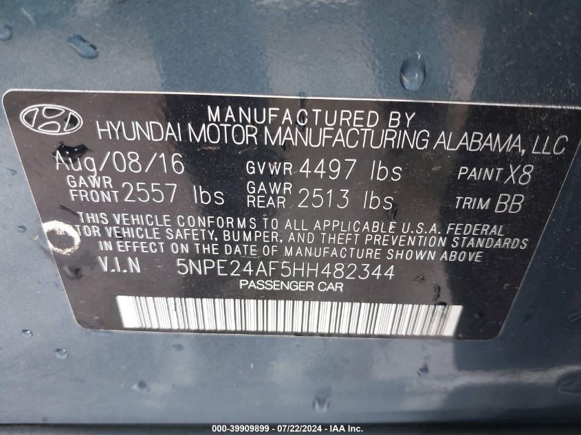 2017 Hyundai Sonata Se VIN: 5NPE24AF5HH482344 Lot: 39909899