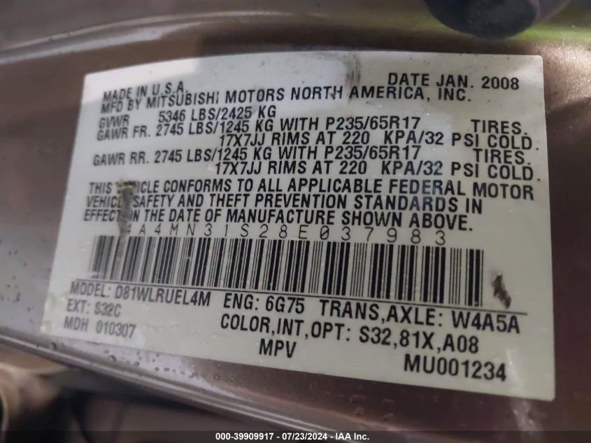 2008 Mitsubishi Endeavor Se VIN: 4A4MN31S28E037983 Lot: 39909917