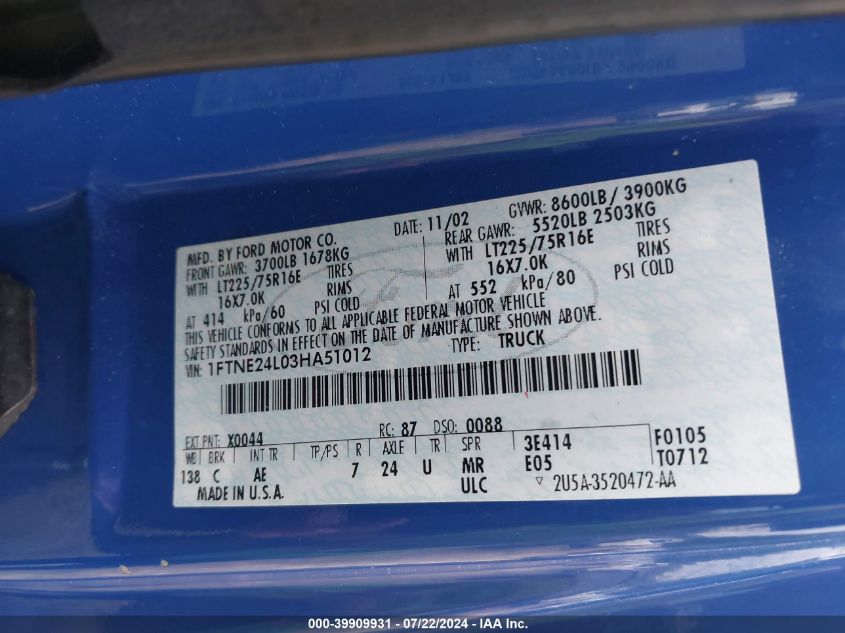 2003 Ford E-250 Commercial/Recreational VIN: 1FTNE24L03HA51012 Lot: 39909931