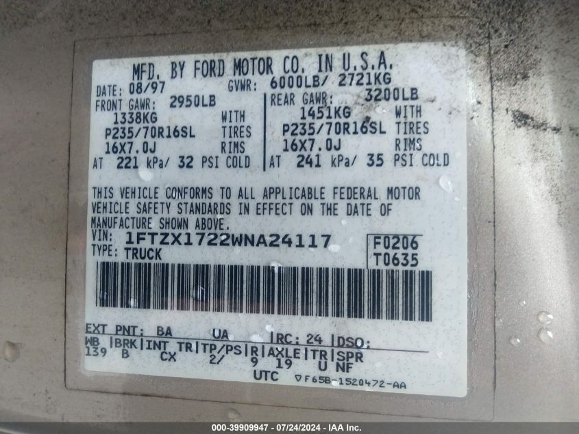 1998 Ford F150 VIN: 1FTZX1722WNA24117 Lot: 39909947
