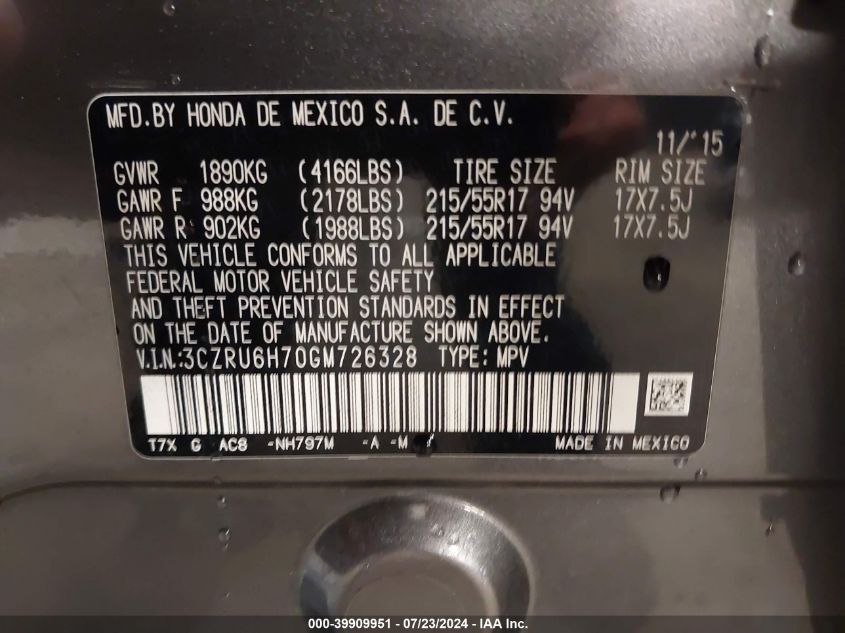 2016 Honda Hr-V Ex-L VIN: 3CZRU6H70GM726328 Lot: 39909951