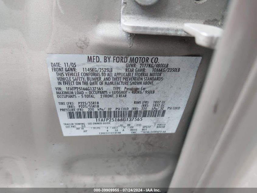 2006 Ford Five Hundred Limited VIN: 1FAFP25166G137565 Lot: 39909955