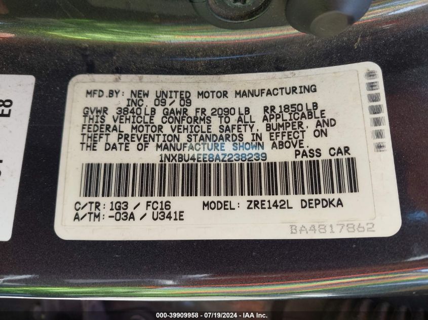 2010 Toyota Corolla S/Le/Xle VIN: 1NXBU4EE8AZ238239 Lot: 39909958