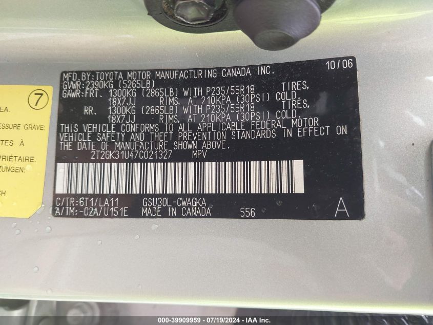 2007 Lexus Rx 350 VIN: 2T2GK31U47C021327 Lot: 39909959