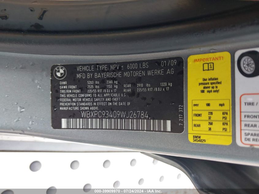 2009 BMW X3 xDrive30I VIN: WBXPC93409WJ26784 Lot: 39909970