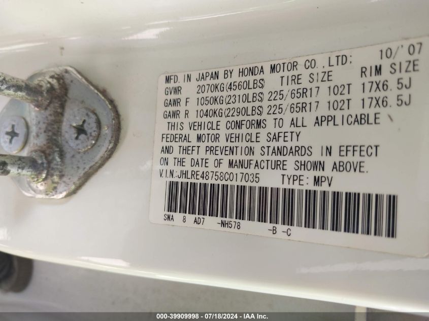 2008 Honda Cr-V Ex-L VIN: JHLRE48758C017035 Lot: 39909998
