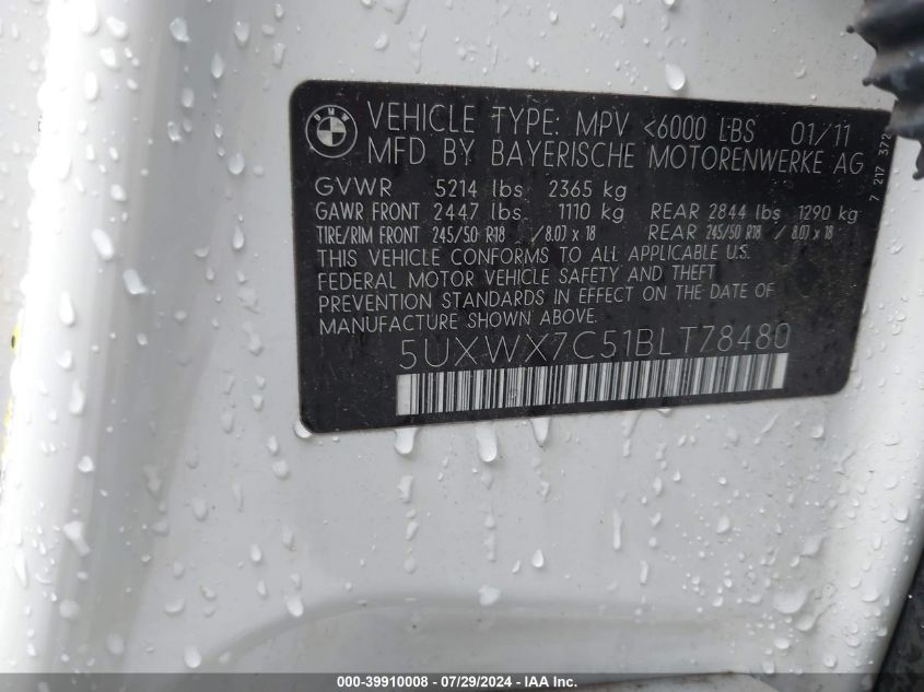 2011 BMW X3 xDrive35I VIN: 5UXWX7C51BLT78480 Lot: 39910008