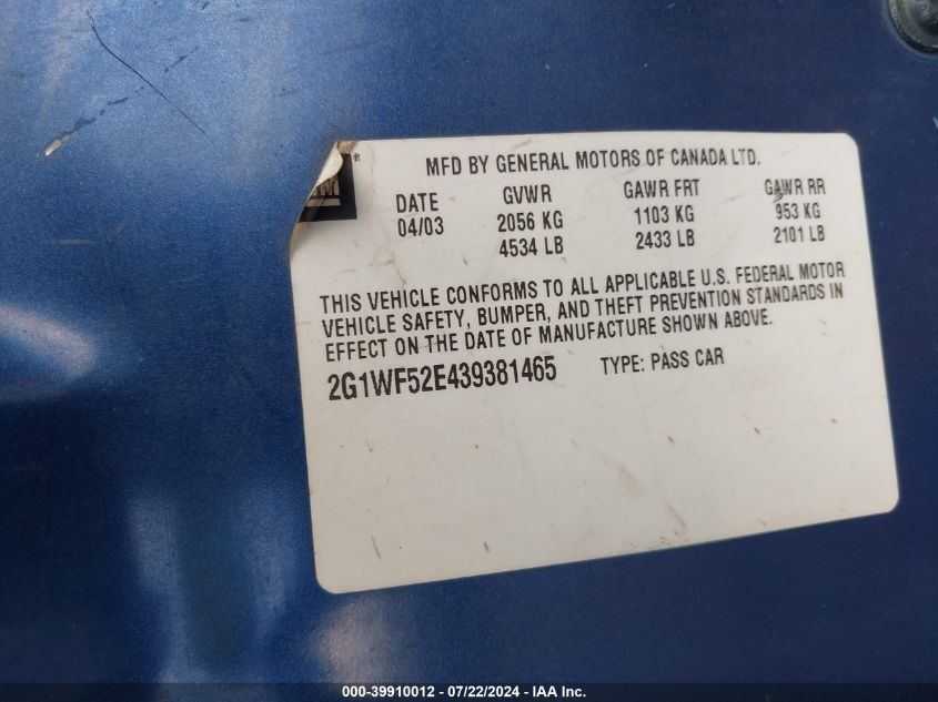 2003 Chevrolet Impala VIN: 2G1WF52E439381465 Lot: 39910012