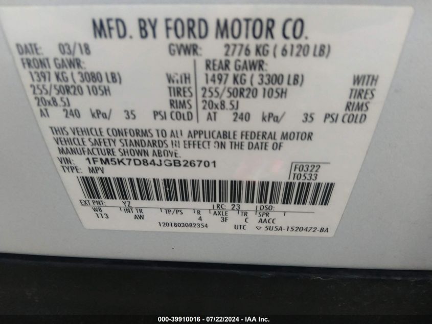 2018 Ford Explorer Xlt VIN: 1FM5K7D84JGB26701 Lot: 39910016