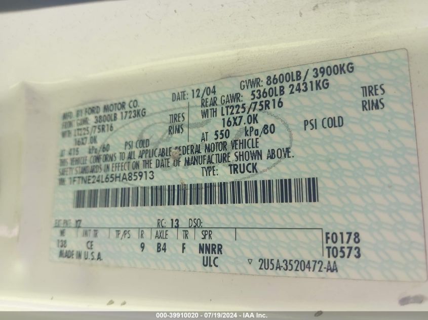 2005 Ford E-250 E250 Van VIN: 1FTNE24L65HA85913 Lot: 39910020