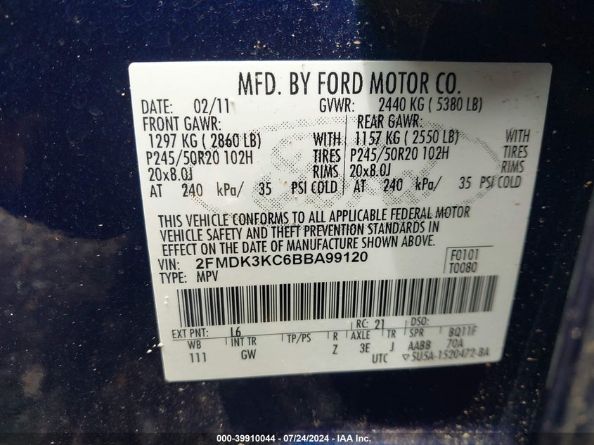 2011 Ford Edge Limited VIN: 2FMDK3KC6BBA99120 Lot: 39910044