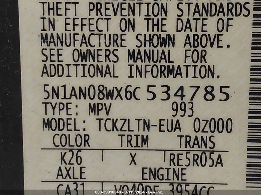 2006 Nissan Xterra Off Road/S/Se VIN: 5N1AN08WX6C534785 Lot: 39910048