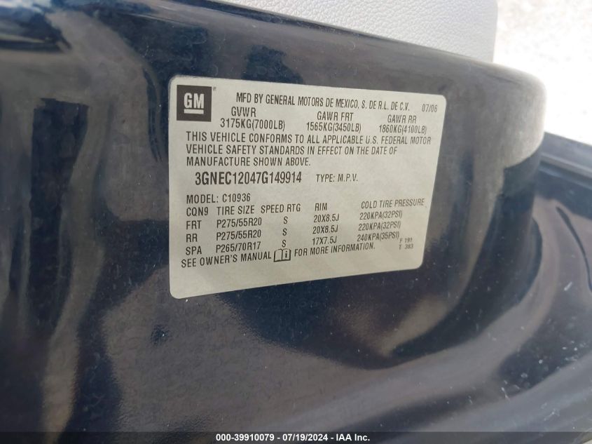 2007 Chevrolet Avalanche 1500 Ltz VIN: 3GNEC12047G149914 Lot: 39910079