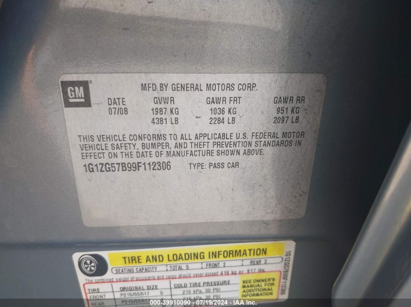 2009 Chevrolet Malibu Ls VIN: 1G1ZG57B99F112306 Lot: 39910090