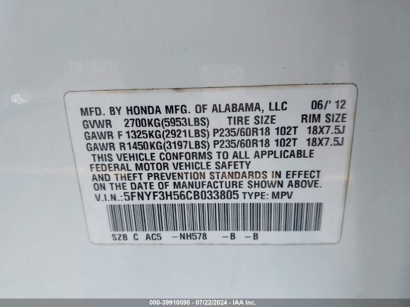 2012 Honda Pilot Ex-L VIN: 5FNYF3H56CB033805 Lot: 39910095