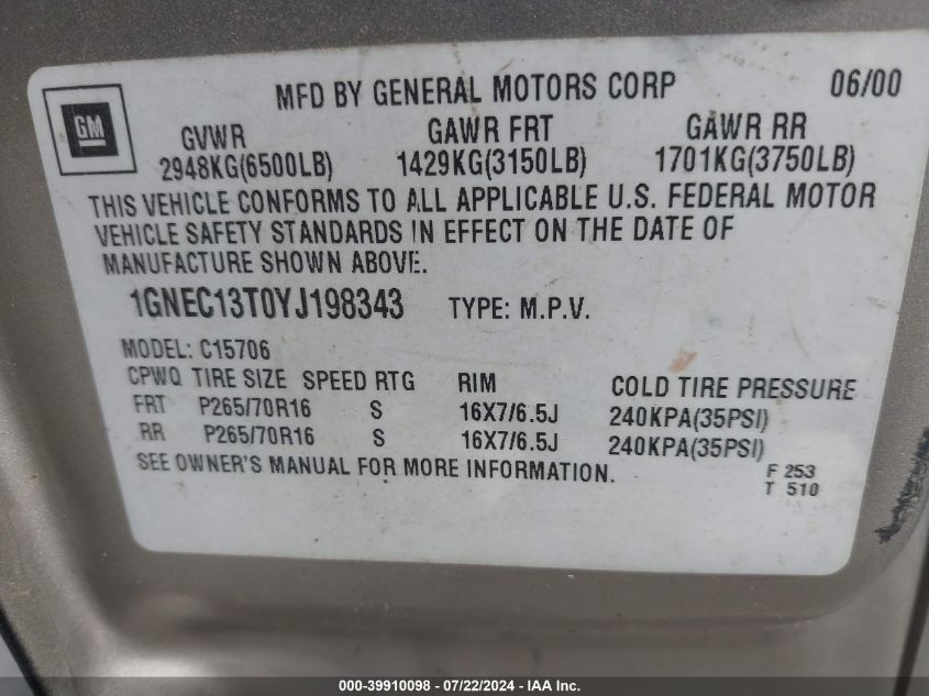 2000 Chevrolet Tahoe All New Lt VIN: 1GNEC13T0YJ198343 Lot: 39910098