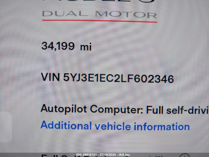 2020 Tesla Model 3 Performance VIN: 5YJ3E1EC2LF602346 Lot: 39910101