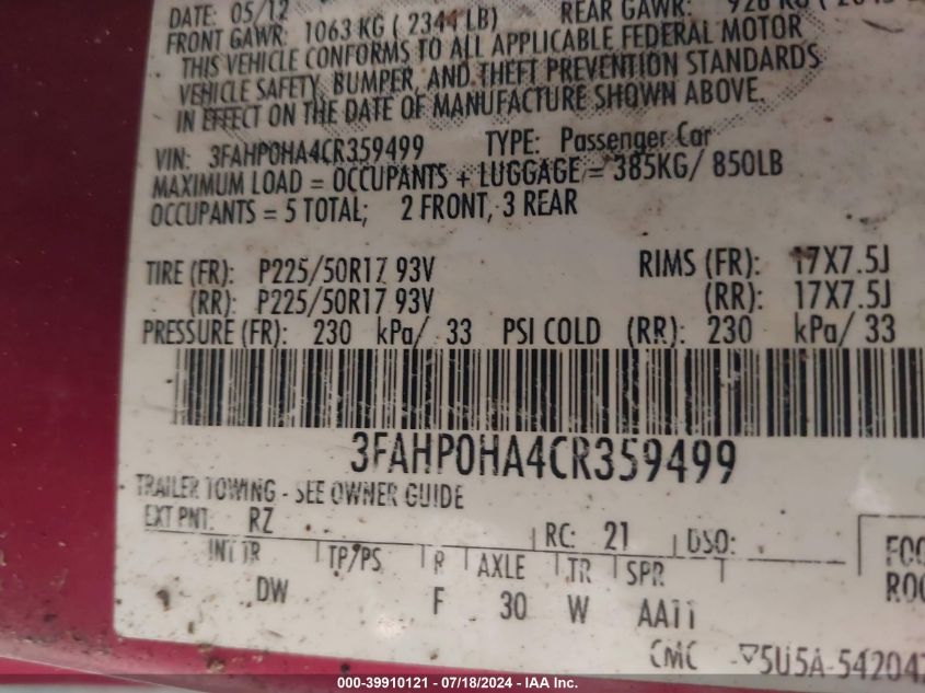 2012 Ford Fusion Se VIN: 3FAHP0HA4CR359499 Lot: 39910121