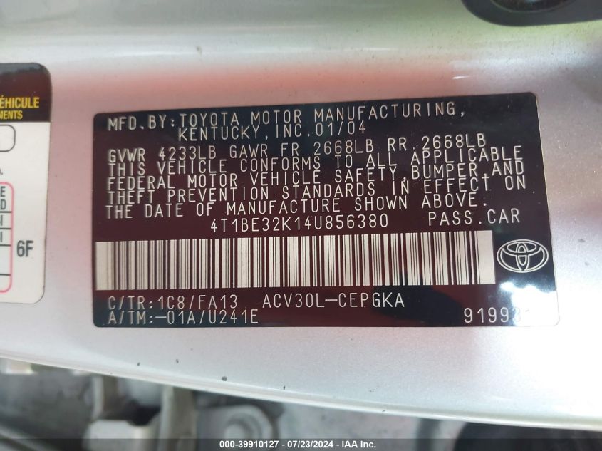 2004 Toyota Camry Xle VIN: 4T1BE32K14U856380 Lot: 39910127