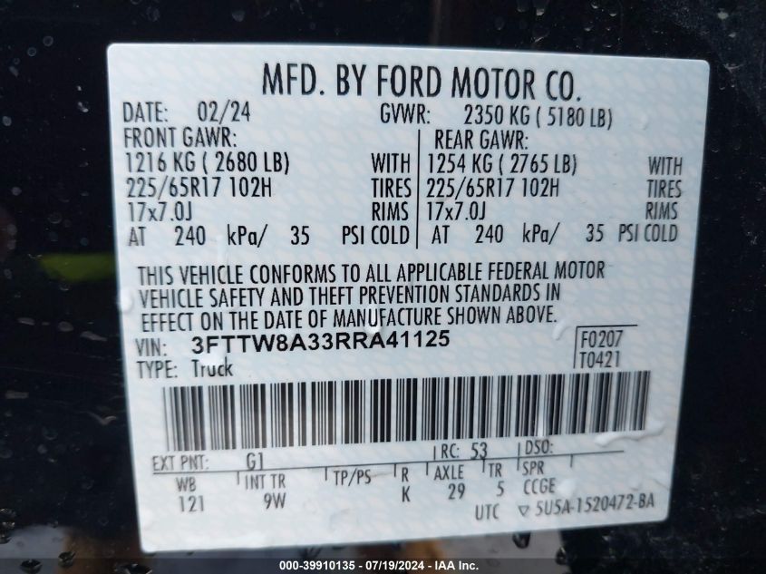 2024 Ford Maverick Xl VIN: 3FTTW8A33RRA41125 Lot: 39910135