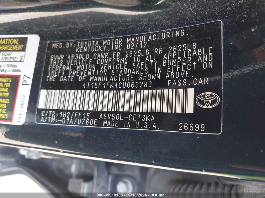 4T1BF1FK4CU069286 | 2012 TOYOTA CAMRY