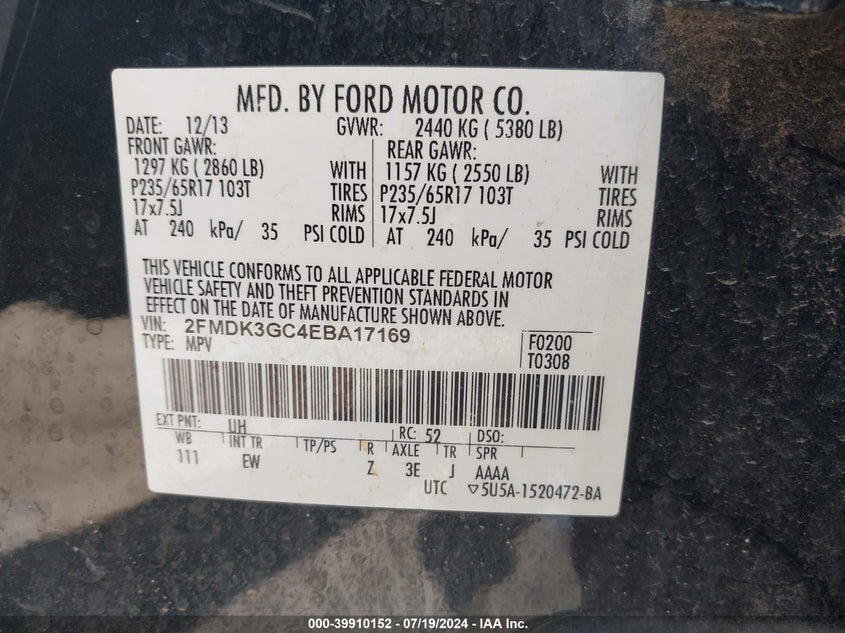 2014 Ford Edge Se VIN: 2FMDK3GC4EBA17169 Lot: 39910152