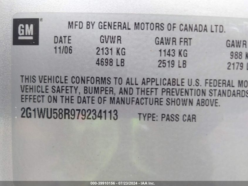 2007 Chevrolet Impala Ltz VIN: 2G1WU58R979234113 Lot: 39910156