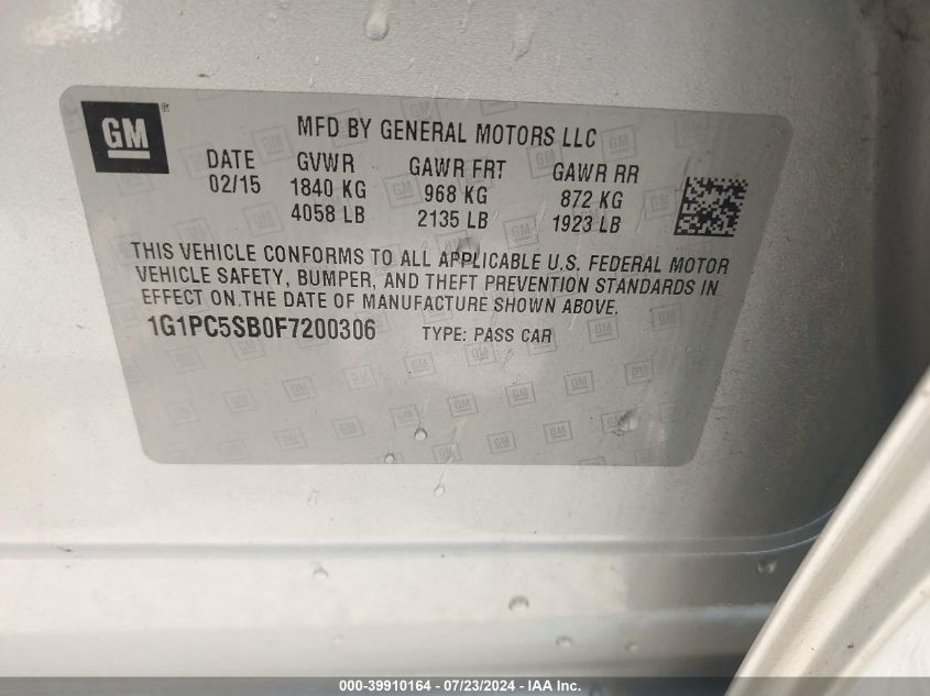 2015 Chevrolet Cruze 1Lt Auto VIN: 1G1PC5SB0F7200306 Lot: 39910164