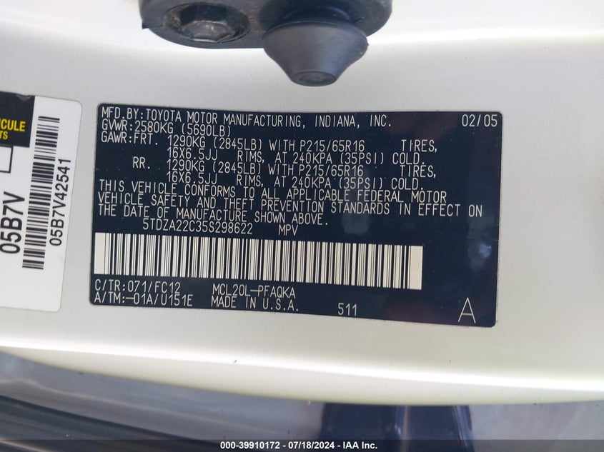 2005 Toyota Sienna Xle VIN: 5TDZA22C35S298622 Lot: 39910172