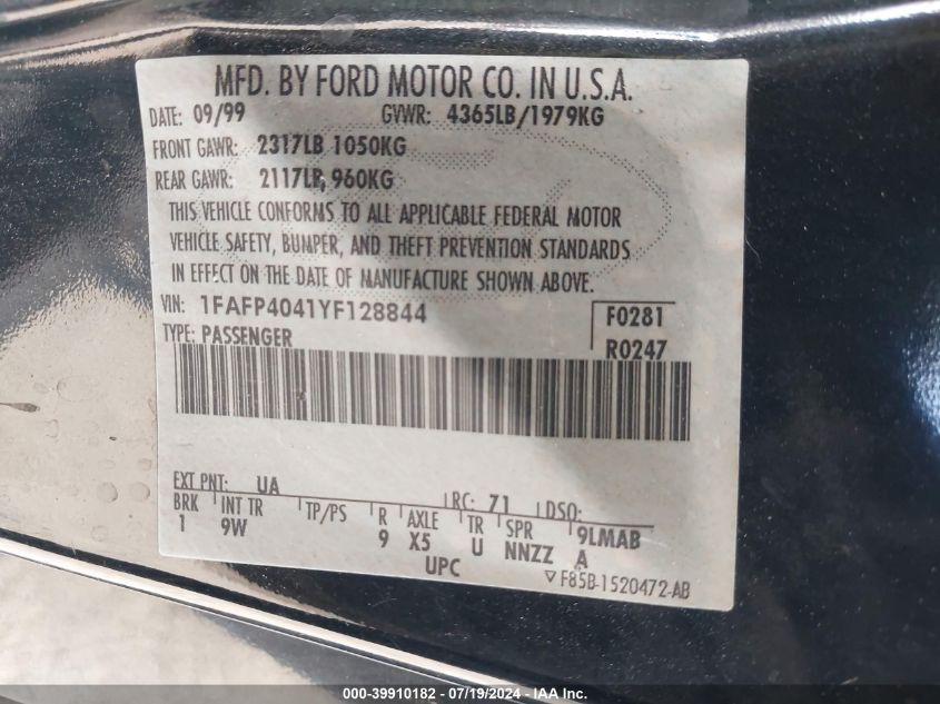 2000 Ford Mustang VIN: 1FAFP4041YF128844 Lot: 39910182