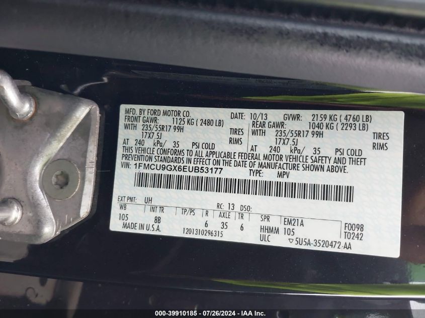 2014 Ford Escape Se VIN: 1FMCU9GX6EUB53177 Lot: 39910185