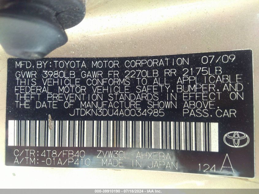 2010 Toyota Prius Iii VIN: JTDKN3DU4A0034985 Lot: 39910190
