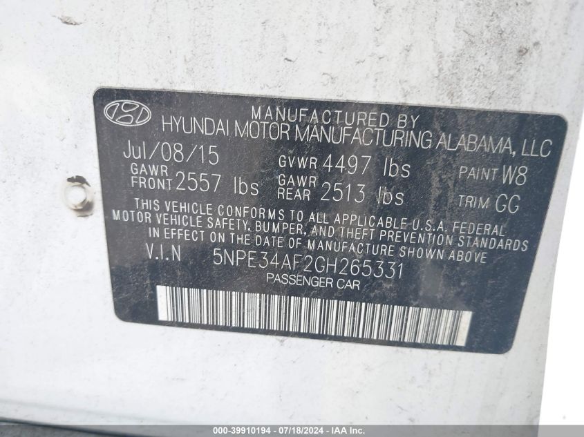 5NPE34AF2GH265331 | 2016 HYUNDAI SONATA