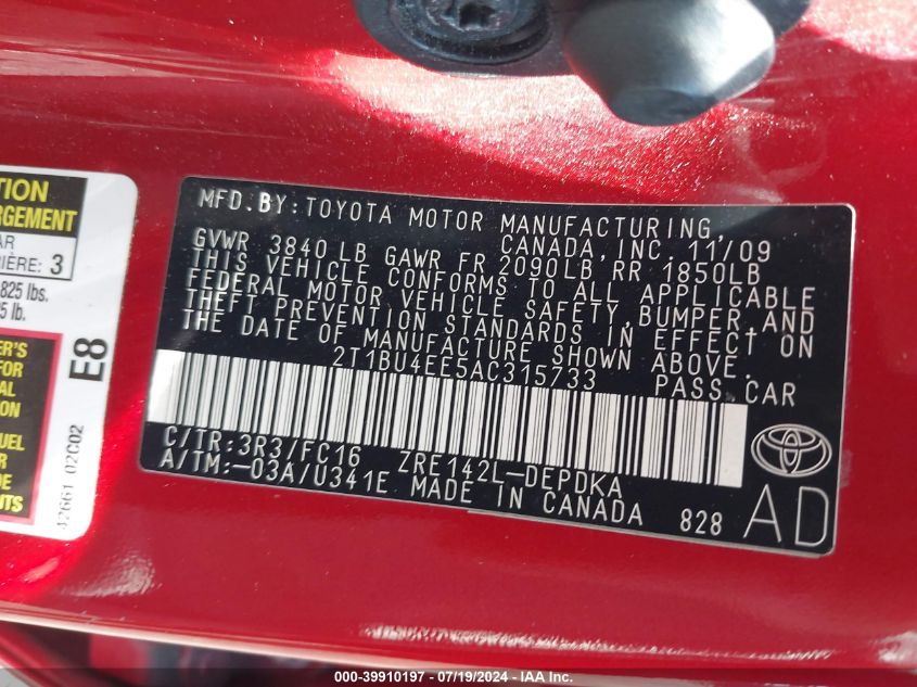 2010 Toyota Corolla Le VIN: 2T1BU4EE5AC315733 Lot: 39910197