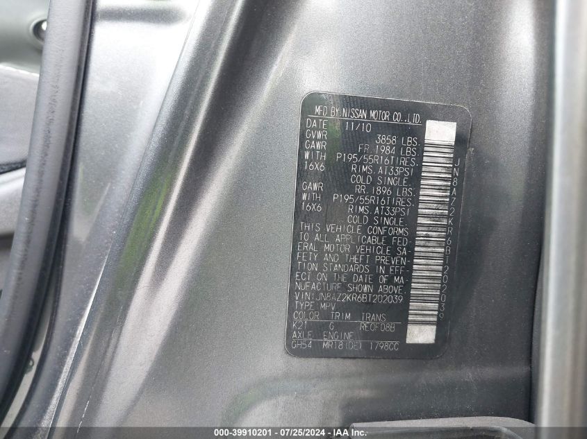 2011 Nissan Cube S/Sl/Krom VIN: JN8AZ2KR6BT202039 Lot: 39910201