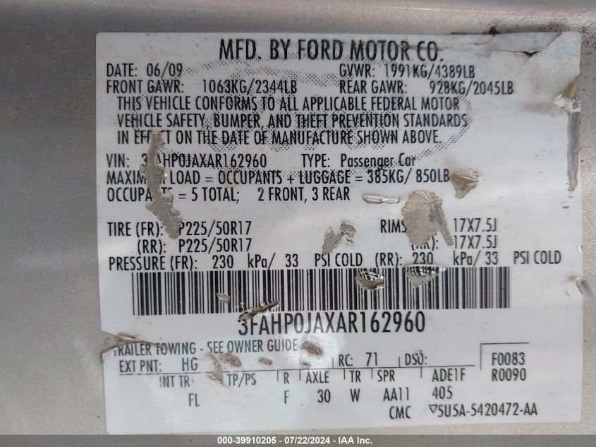 2010 Ford Fusion Sel VIN: 3FAHP0JAXAR162960 Lot: 39910205