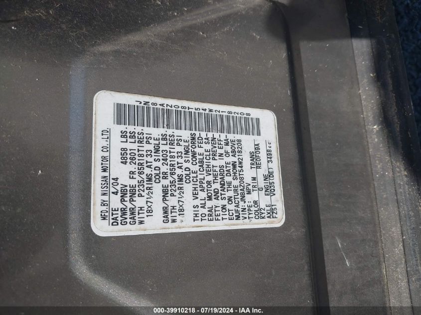 2004 Nissan Murano Sl VIN: JN8AZ08T54W218208 Lot: 39910218